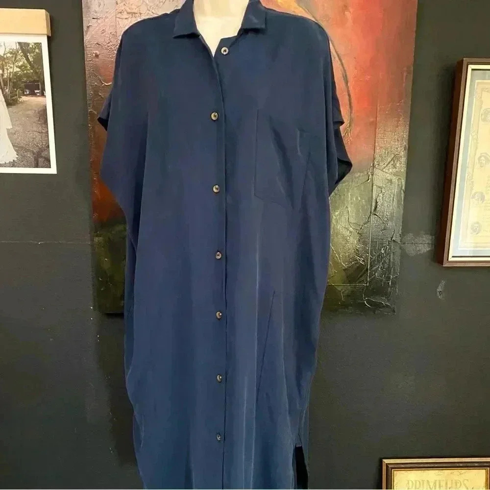 New SBJ Austin Navy Blue Midi Shirtdress Size Large Cottagecore Prairie Coastal - Picture 6 of 15